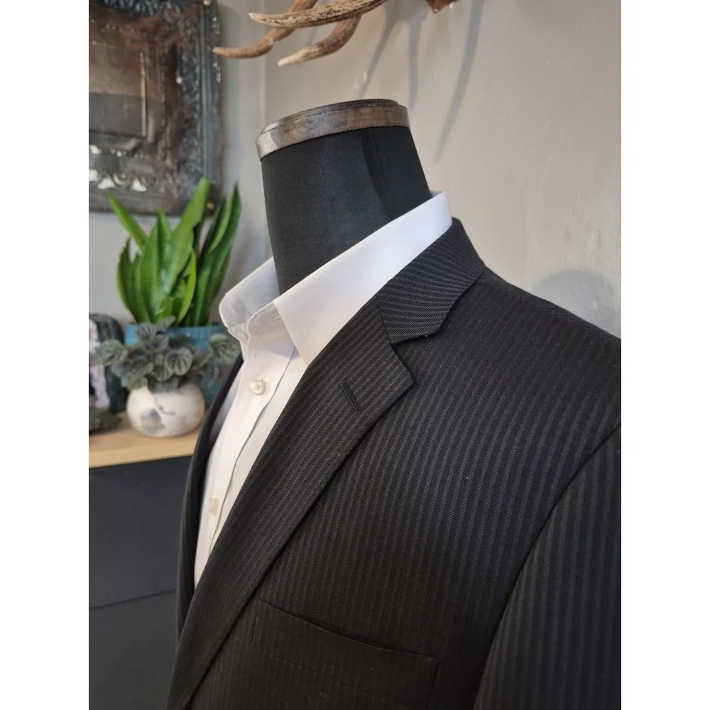 Tiglio Luxe Mens Super 150s Sports Coat 42L Black Italy 2 Button Striped Wool
